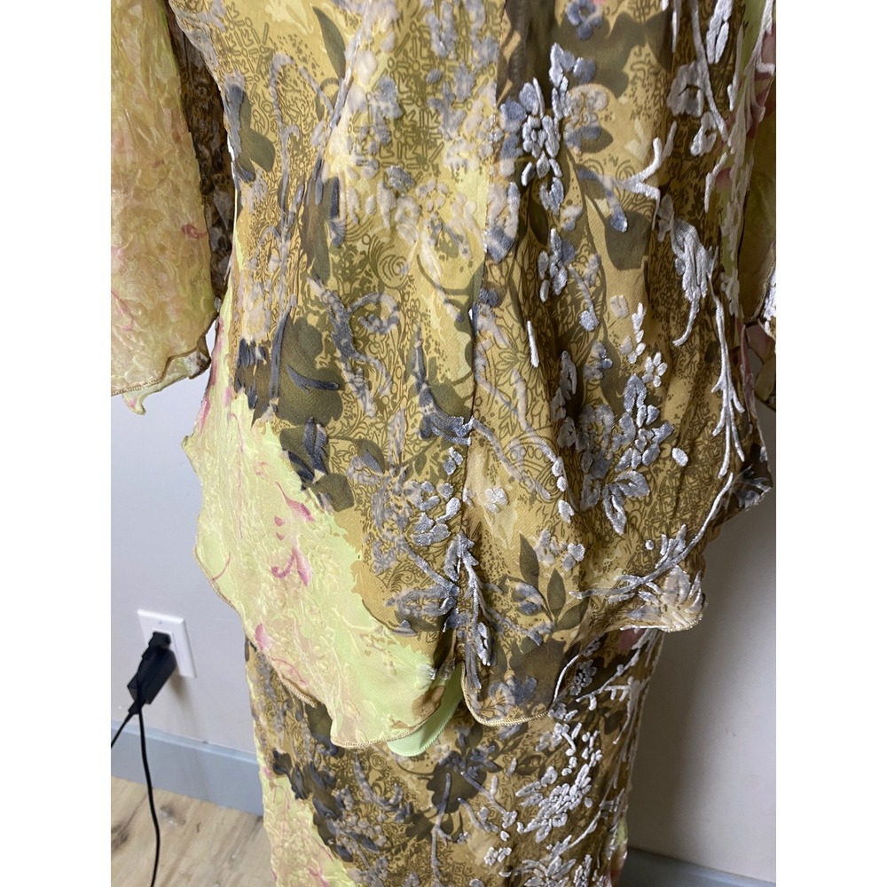 Vintage 90s Silk Burnout Velvet Floral Maxi Dress Chartreuse Green Pink 2-Piece - Picture 6 of 8